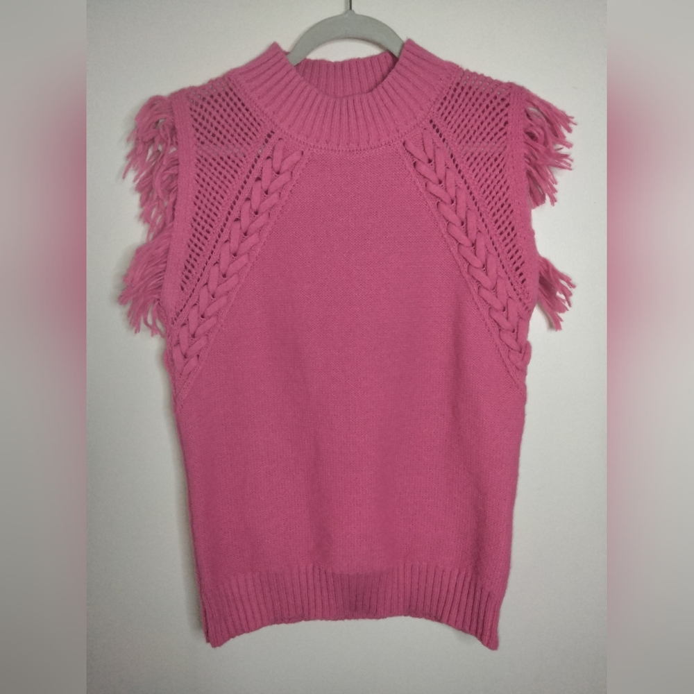 &merci (Size L) Pink Sleeveless Knit Fringe Trim Mock Neck Pullover Sweater Vest